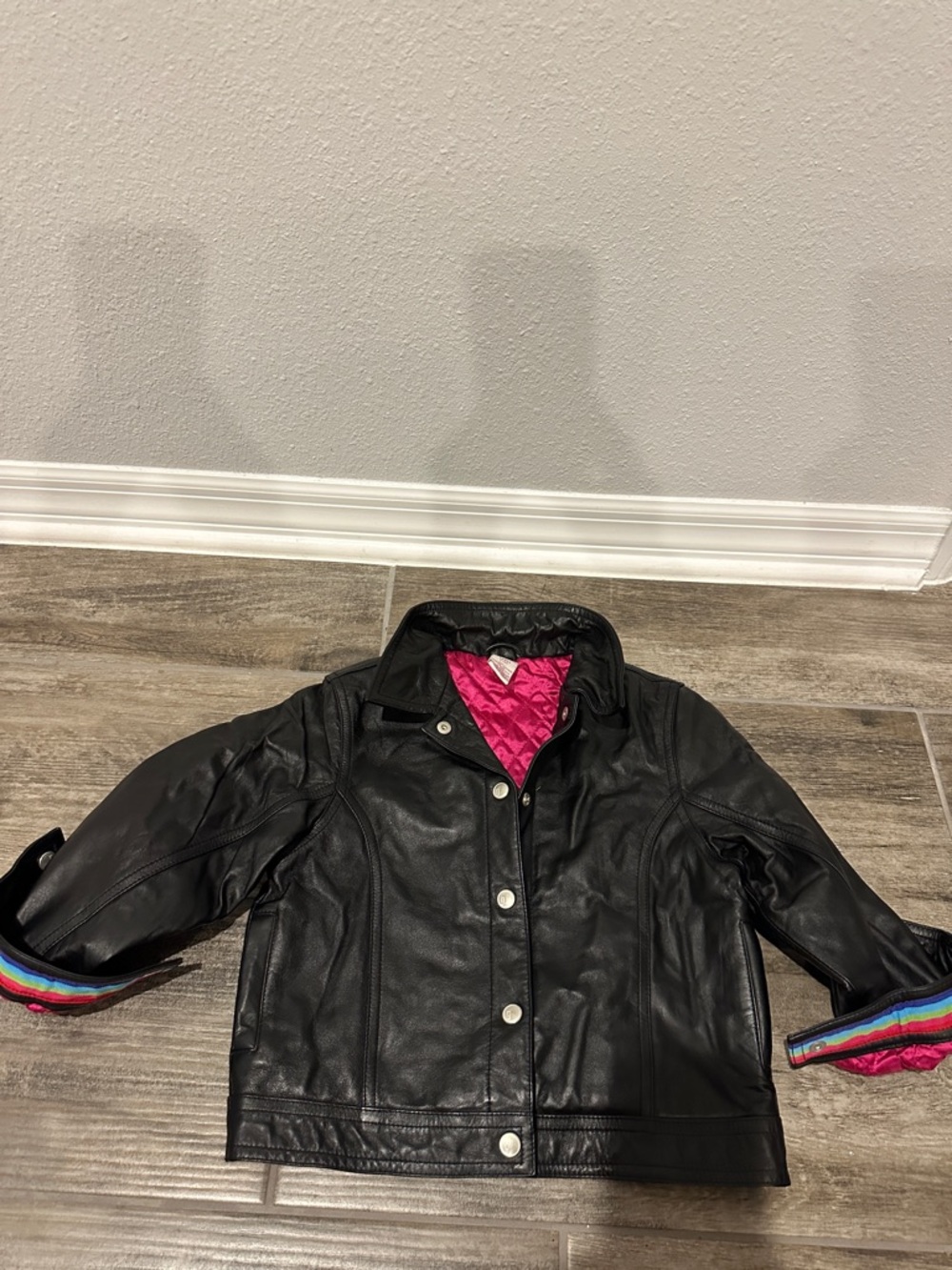 Gymboree Vintage Black Genuine Leather Jacket with Pink Quilted Lining 2001